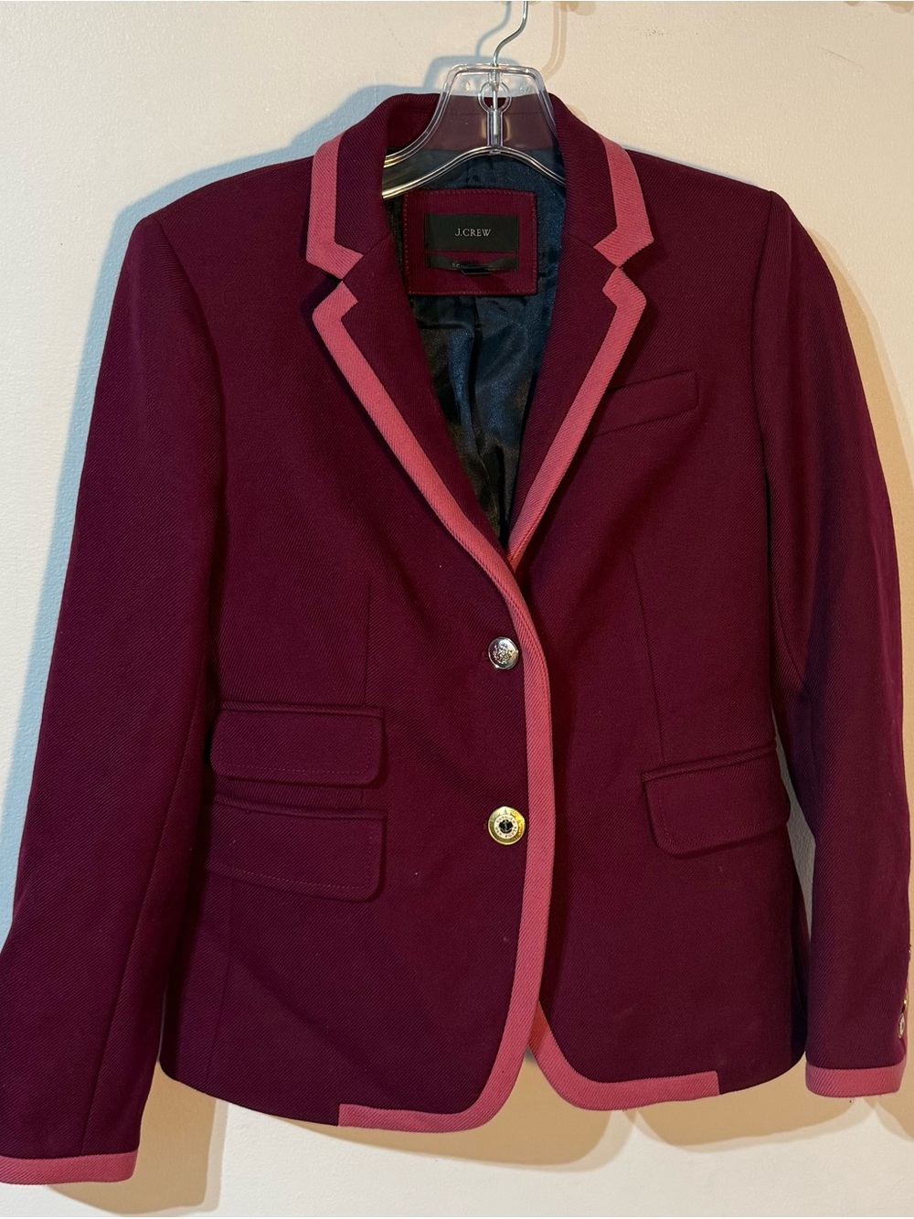 J. Crew Women's Burgundy Blazer with Pink Trim 2 button schoolboy 2P